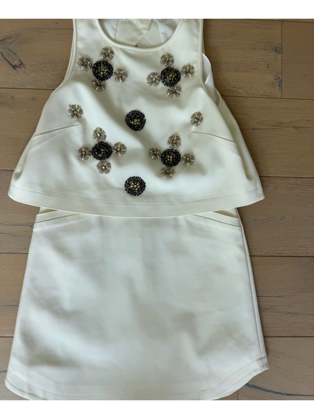 Tibi White Mini Dress with Black & Gold Beaded Accents